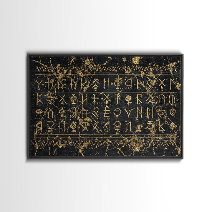 Black Gold Tribal Inscription Canvas Print, Ancient African Art, Textured Wall Decor, Ethnic Cultural Wall Art Gift For Him