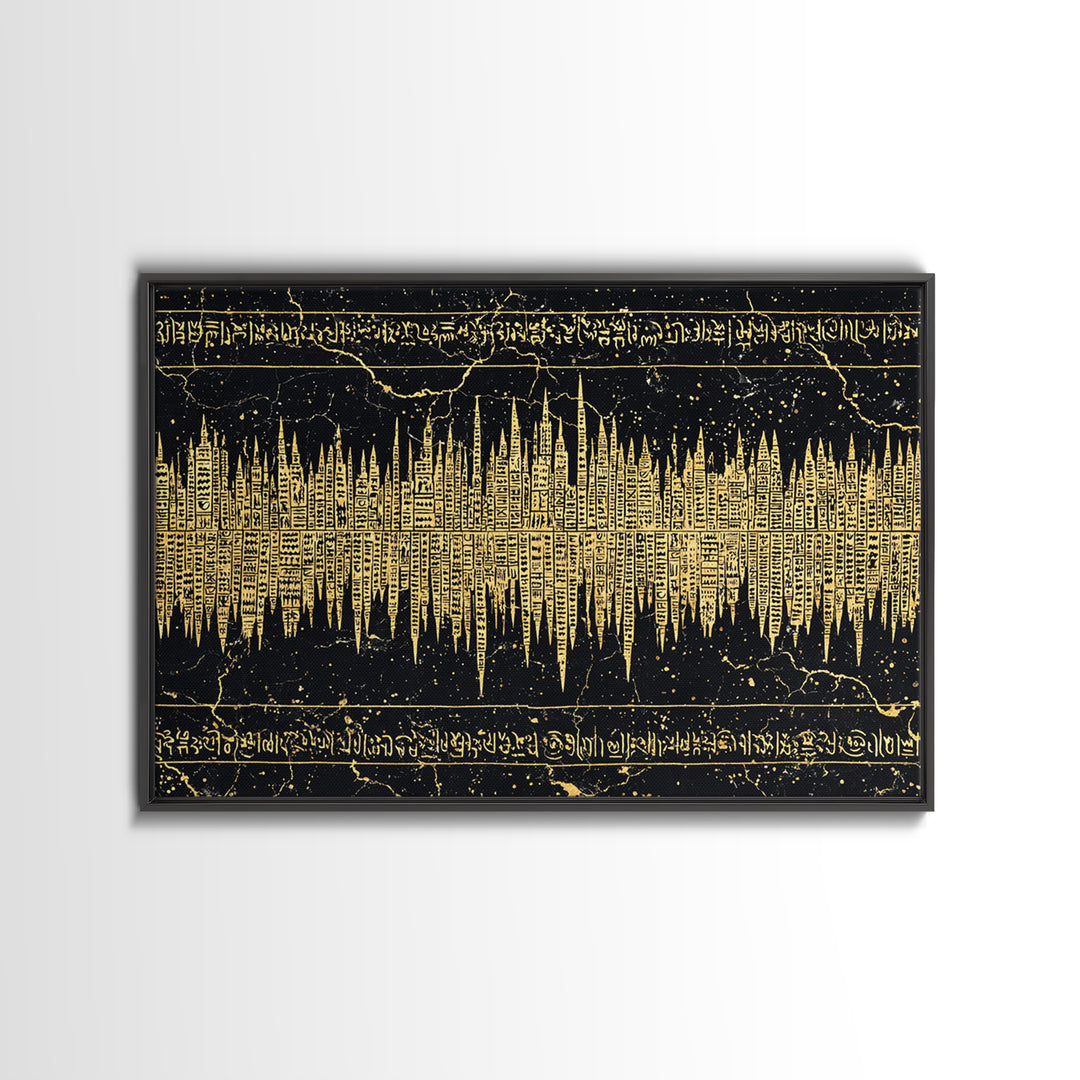 Golden Ancient Soundwave Script Wall Art, Black And Gold African Abstract, Spiritual Office Decor Framed Canvas Print Gift