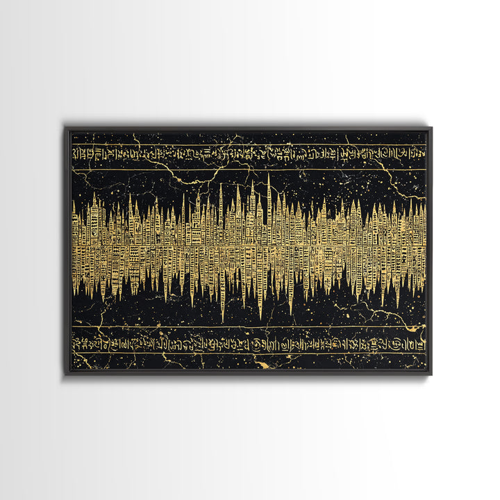Golden Ancient Soundwave Script Wall Art, Black And Gold African Abstract, Spiritual Office Decor Framed Canvas Print Gift
