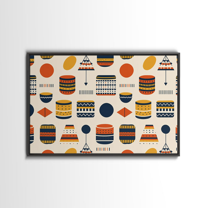African Drum And Shield Pattern Wall Art, Ankara Inspired Geometric Decor, Tribal Fabric Style Framed Canvas Print Home Decor Gift