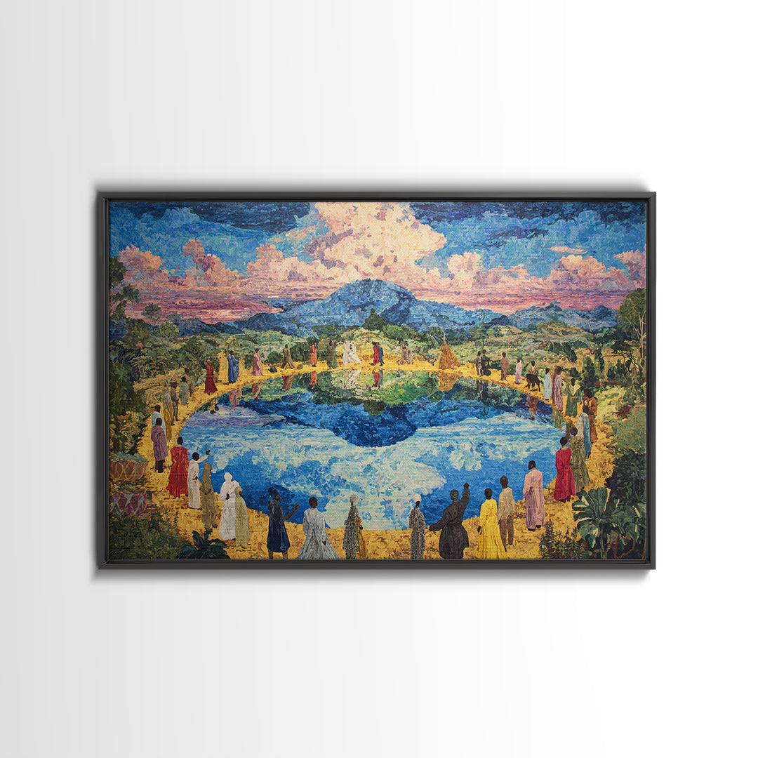 African Village Gathering By Blue Lake Wall Art, Colorful Landscape, Cultural Celebration, Large Living Room Canvas Print