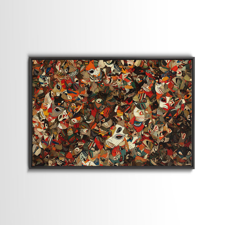 Dense African Tribal Mask Collage Wall Art, Abstract Ethnic Pattern, Afrocentric Decor, Bold Cultural Canvas Print Poster