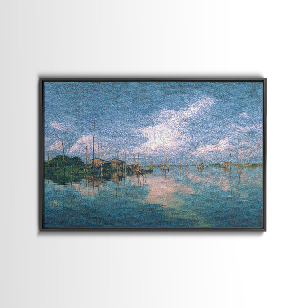 Blue Lagoon Stilt Houses Under Cloudy Sky Canvas Print, African Wall Art, Coastal Decor, Peaceful Lake Home Decor Art Gift