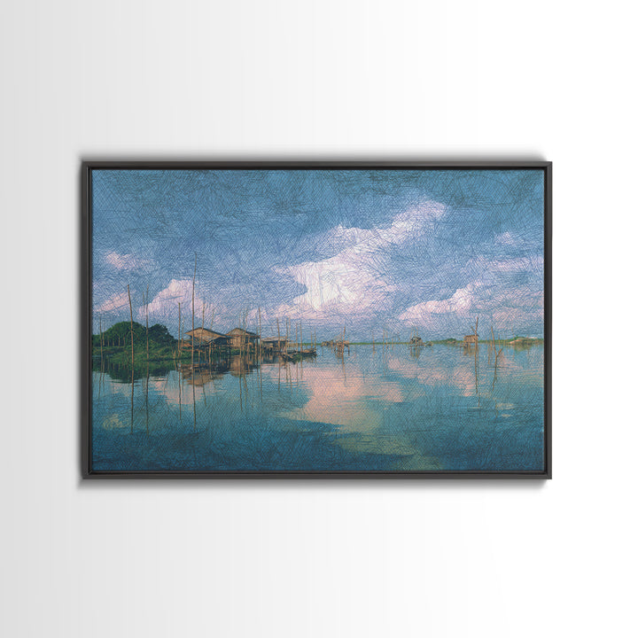 Blue Lagoon Stilt Houses Under Cloudy Sky Canvas Print, African Wall Art, Coastal Decor, Peaceful Lake Home Decor Art Gift