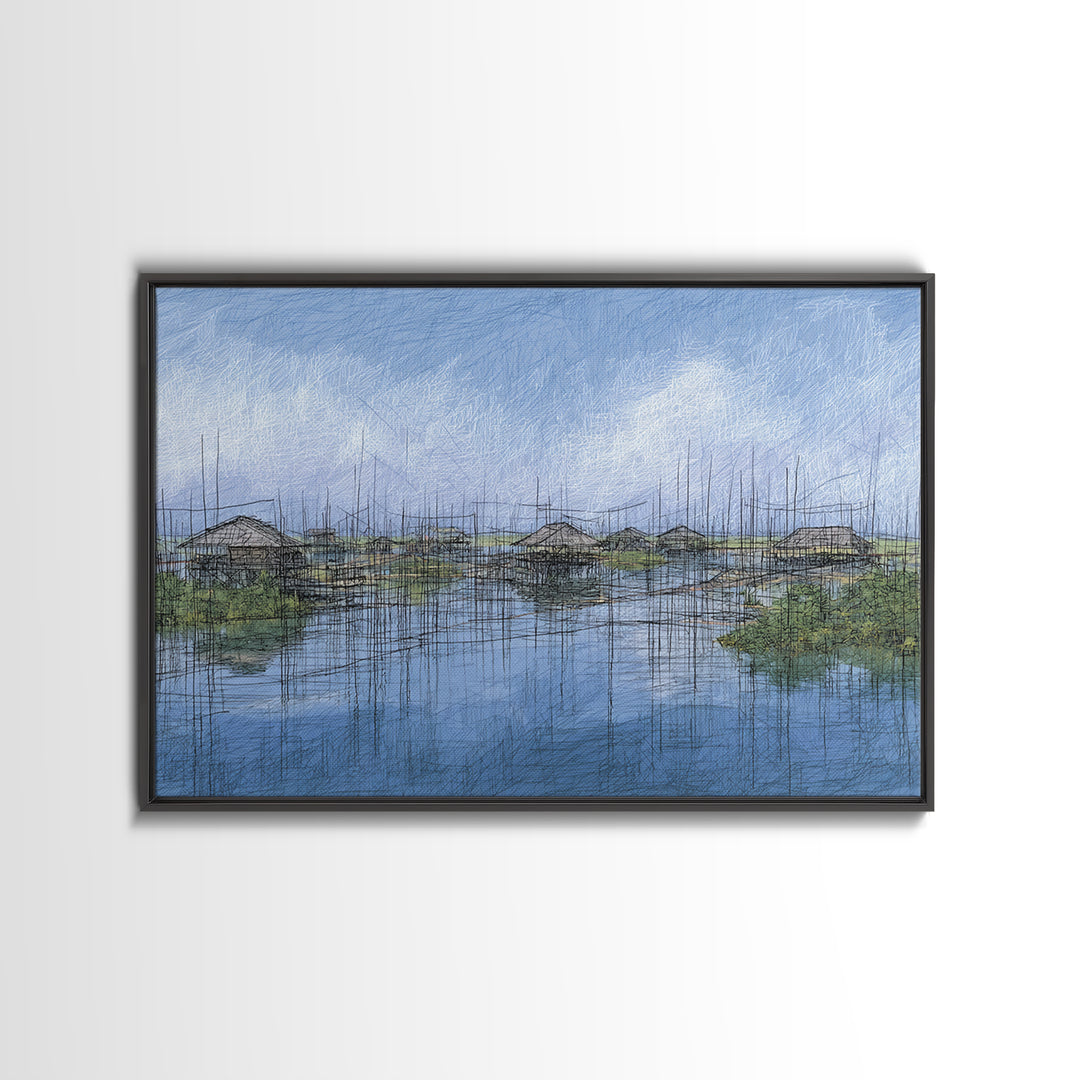 Rainy Wetland Stilt Huts With Blue Reflections Wall Art, African Landscape, Modern Coastal Decor, Peaceful Canvas Print Gift