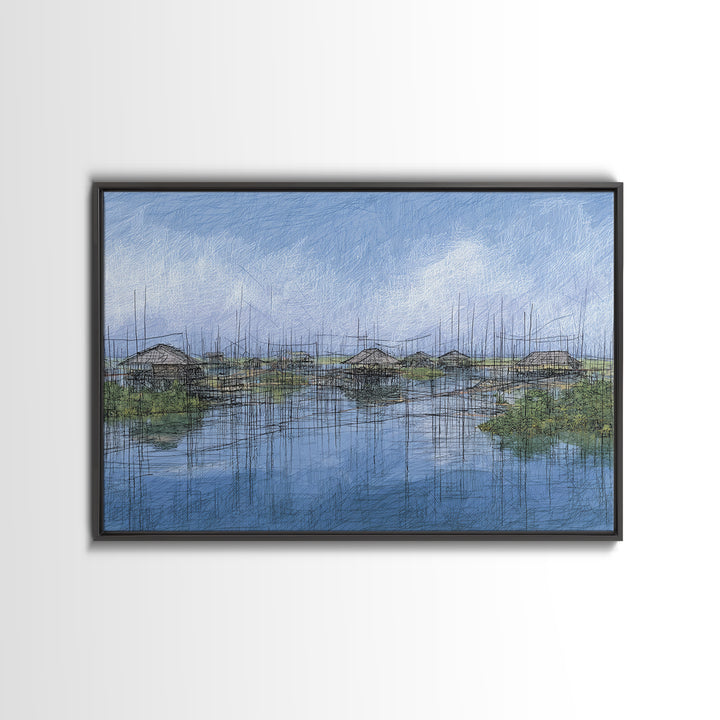 Rainy Wetland Stilt Huts With Blue Reflections Wall Art, African Landscape, Modern Coastal Decor, Peaceful Canvas Print Gift