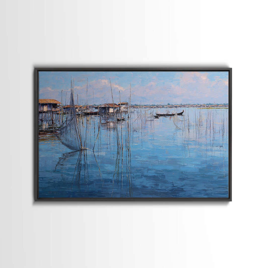 Painterly Blue Stilt Village With Small Boat Canvas Print, African Wall Art, Coastal Living Room Decor, Serene Lake Gift