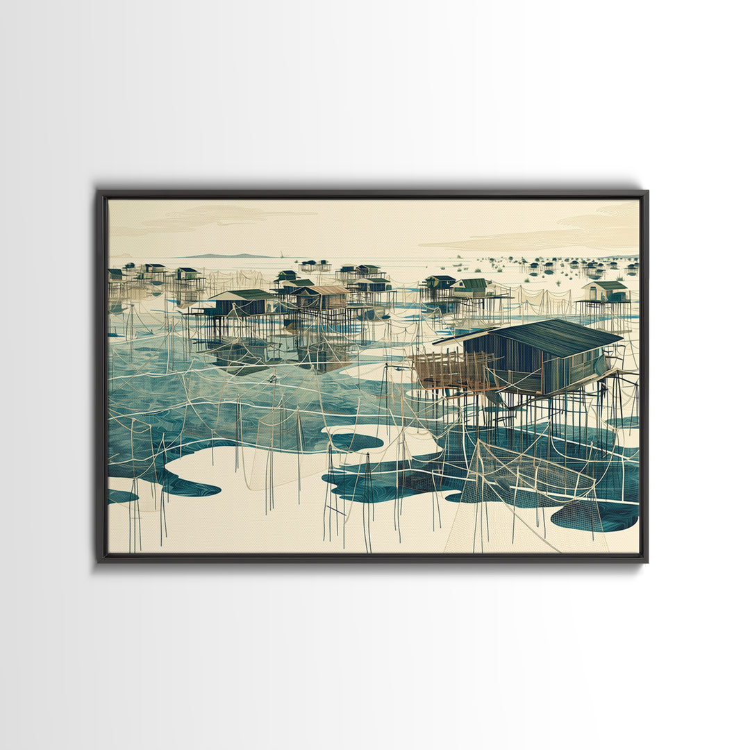 Graphic Stilt House Fishing Village Over Turquoise Water Wall Art, African Landscape, Modern Coastal Decor, Canvas Print Gift