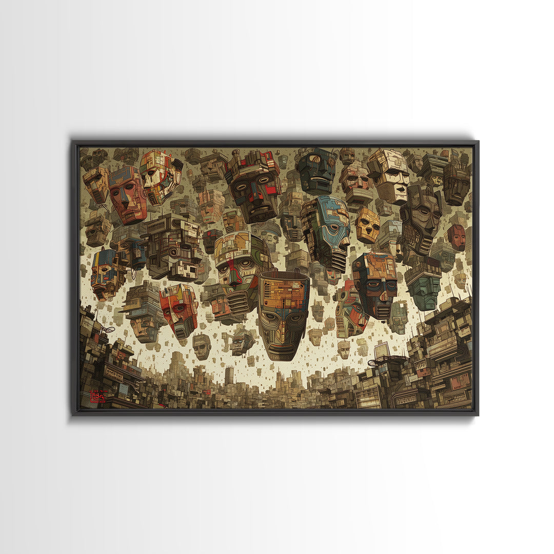 Floating Tribal Masks In Futuristic African City Framed Canvas Print, African Mask Art, Afrocentric Wall Decor, Bold Gift