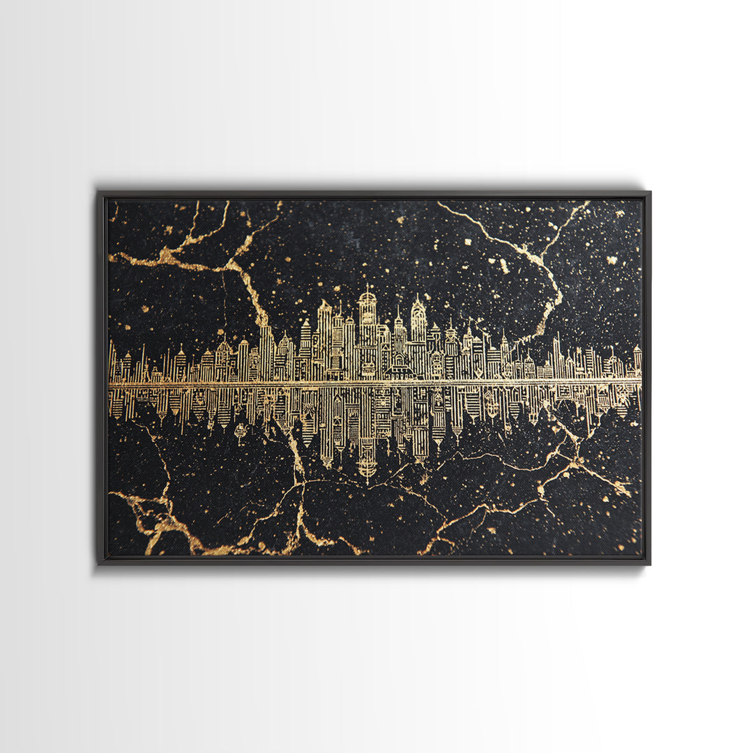 Gold Line Art Skyline Reflected On Black Marble Wall Art, Luxury Canvas Print, Modern Office Decor, Elegant Home Decor Gift