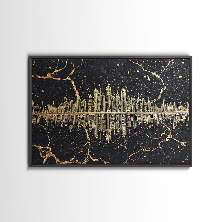 Gold Line Art Skyline Reflected On Black Marble Wall Art, Luxury Canvas Print, Modern Office Decor, Elegant Home Decor Gift