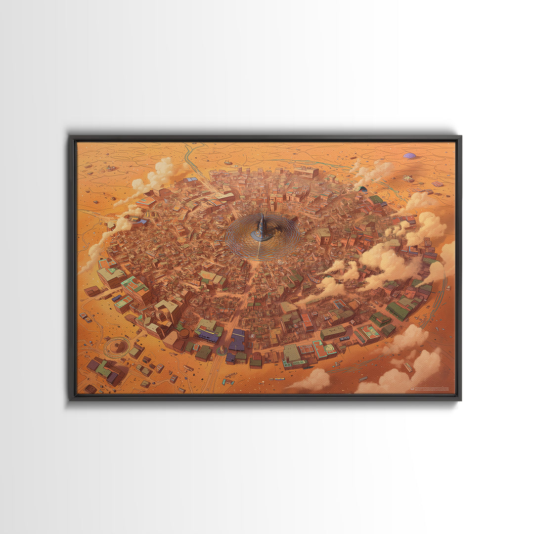 Circular Desert City Around A Central Spire Canvas Print, African Landscape Wall Art, Futuristic Home Decor, Unique Gift