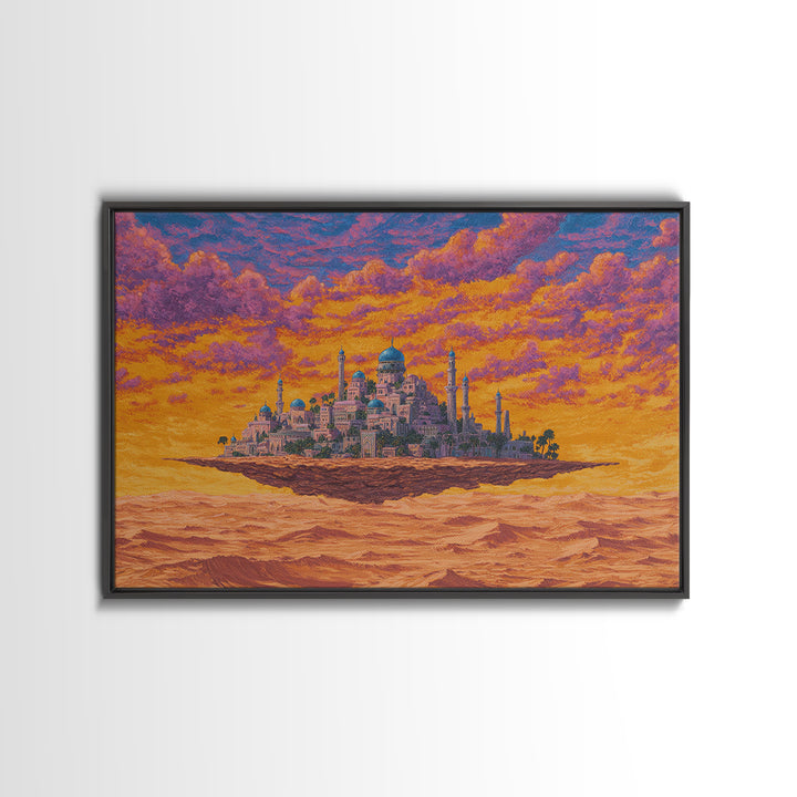 Floating Desert Palace Framed Canvas Print, Orange Sunset Mosque Artwork, African Inspired Travel Decor For Statement Walls