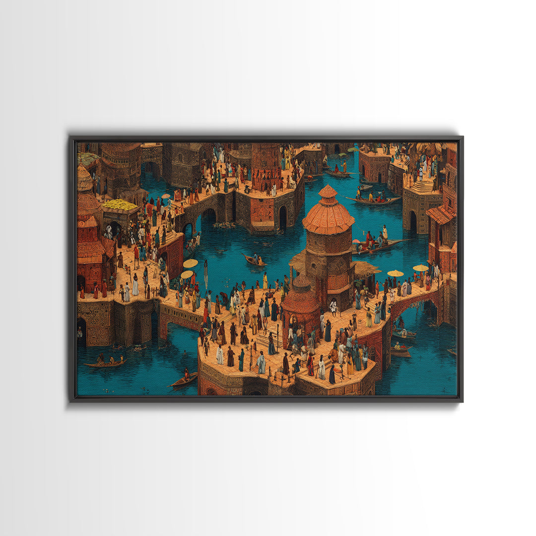 Bustling African Canal Market Wall Art, Crowded Waterfront City Print, Cultural Decor For Living Room Or Office Gallery Wall