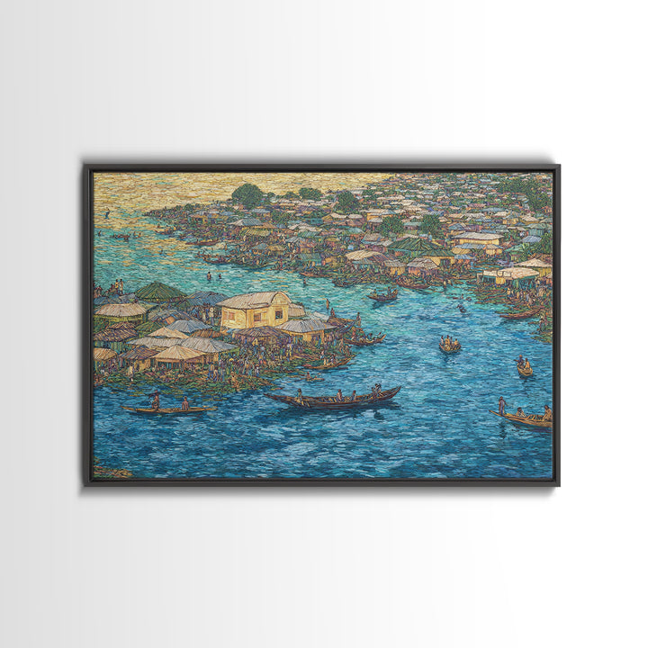 Blue Floating Village Canvas Print, African Coastal Boats And Water Market, Cultural Wall Decor For Living Room Gallery Art