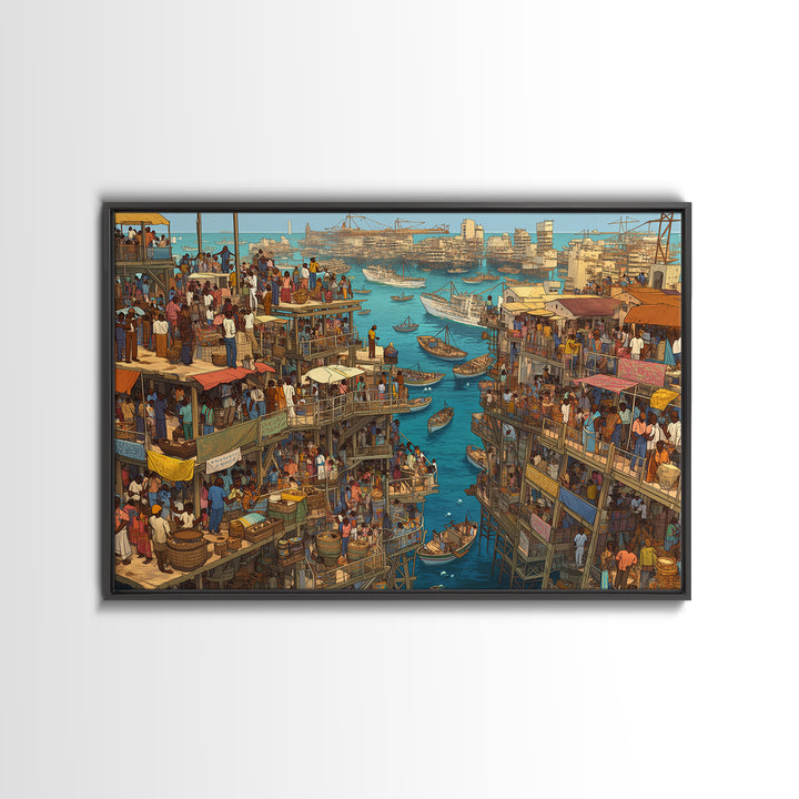 Crowded Coastal Harbor Wall Art, African Waterfront Market City, Detailed Boat Scene For Urban Living Room Decor Canvas Print Gift