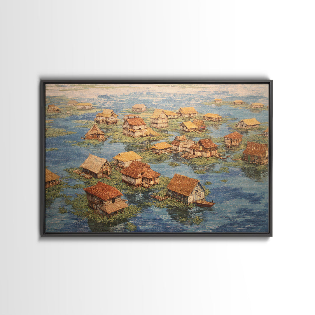 Peaceful Stilt Village Framed Canvas Print, Floating Water Houses And Boats, African Coastal Wall Decor For Home Gallery