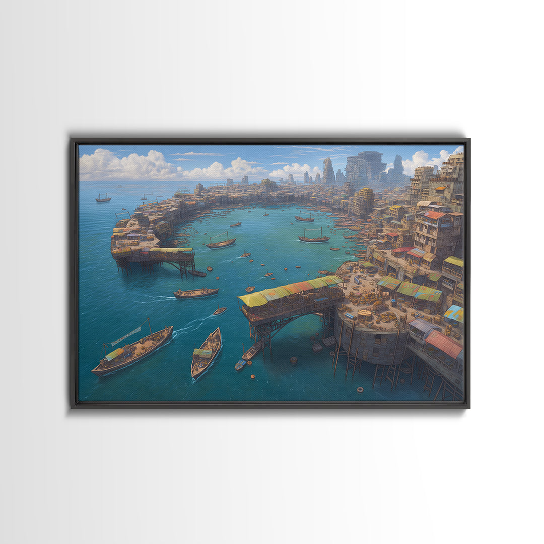 Futuristic African Harbor Canvas Print, Panoramic Coastal City With Boats, Modern Wall Art For Living Room Statement Decor