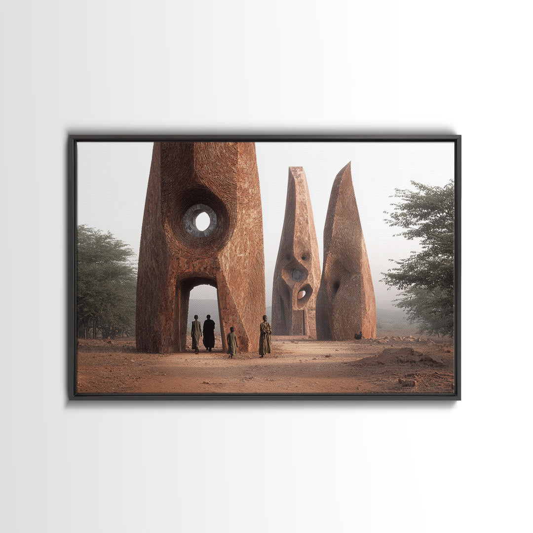 Terracotta Tribal Tower Wall Art, African Sculpture Inspired Architecture, Desert Monument Canvas Print, Bold Home Decor