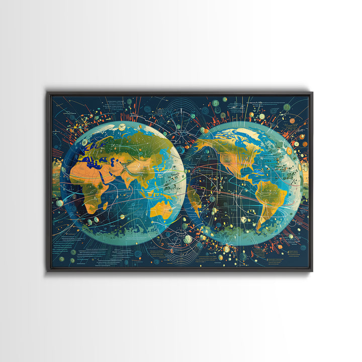 Dual Globe World Map Wall Art, Modern Geography Poster, Science Office Decor, Educational Travel Gift For Home And Classroom Decor