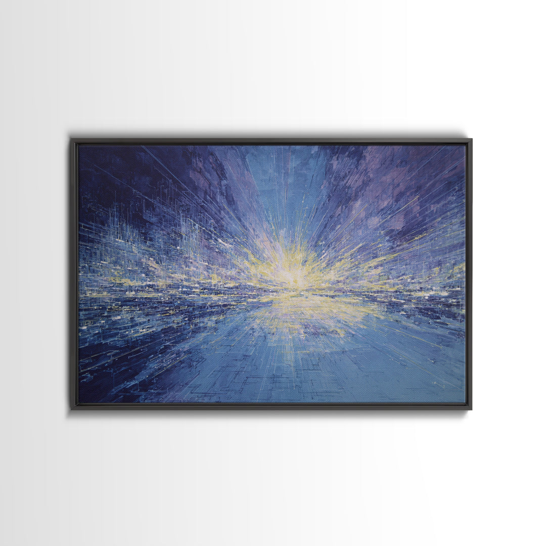 Electric Blue Abstract Cityscape Wall Art, Luminous Horizon Canvas, Contemporary Decor For Living Room And Office Gallery