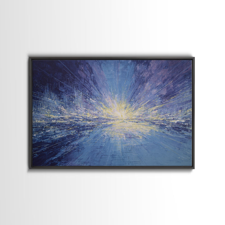 Electric Blue Abstract Cityscape Wall Art, Luminous Horizon Canvas, Contemporary Decor For Living Room And Office Gallery