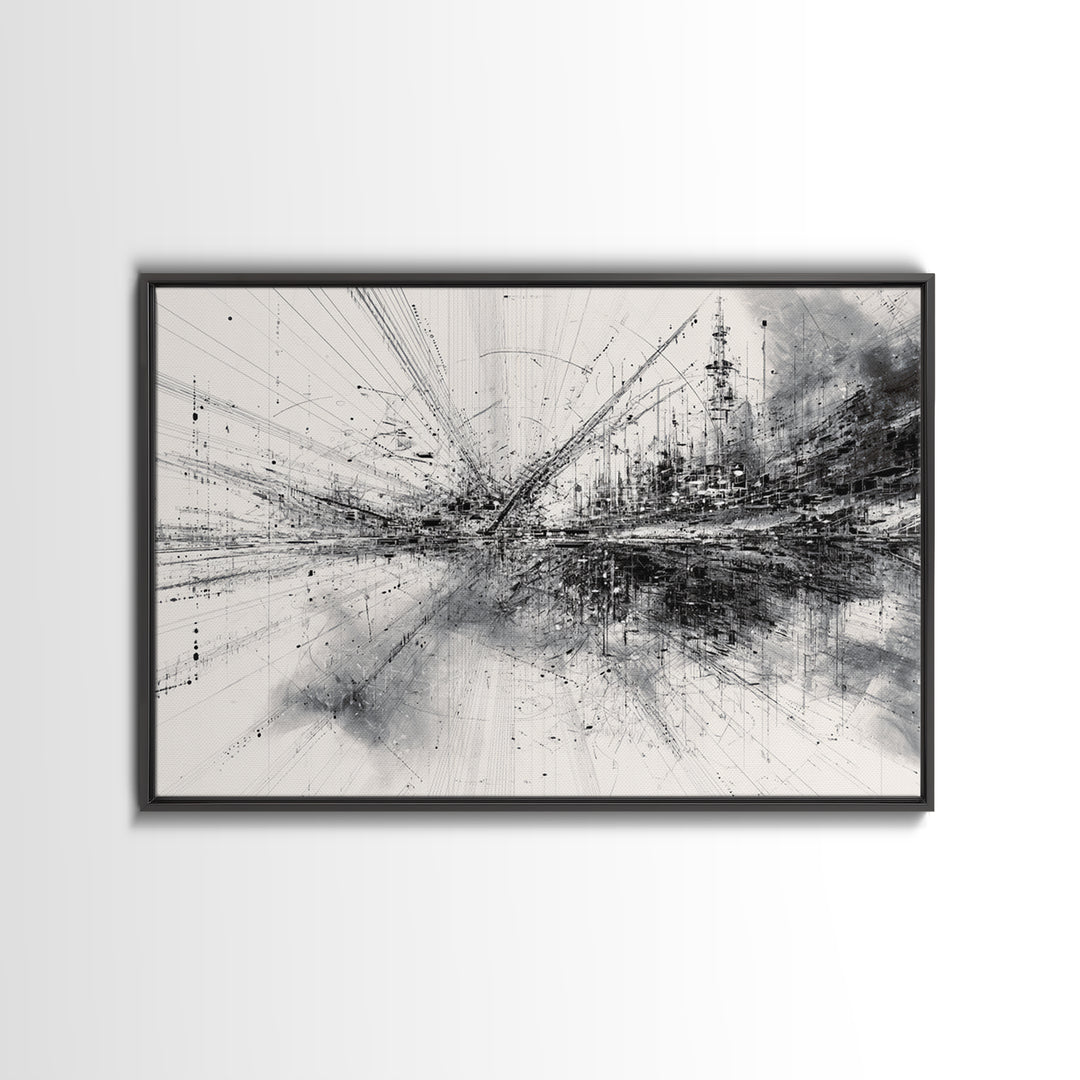 Monochrome Abstract Technical Skyline Canvas Print, Black And White Wall Decor, Minimalist Modern Office Art Gift For Study