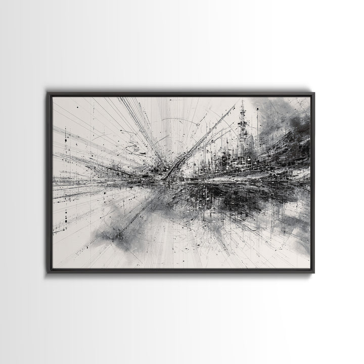 Monochrome Abstract Technical Skyline Canvas Print, Black And White Wall Decor, Minimalist Modern Office Art Gift For Study
