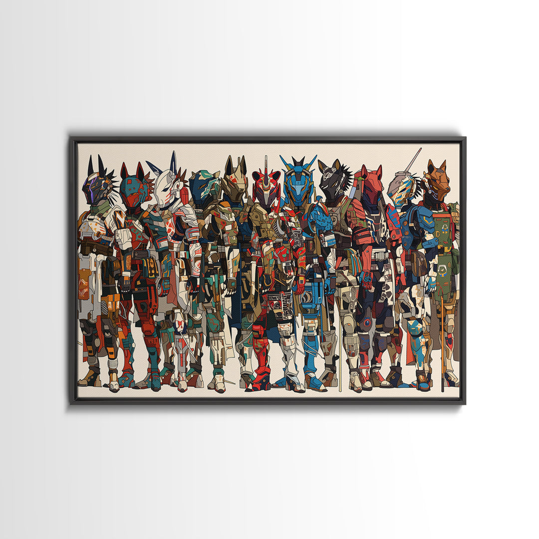 Futuristic African Mecha Warriors, Tribal Mask Canvas Print, Afrocentric Wall Art, Bold Black Culture Art, Modern Safari Decor