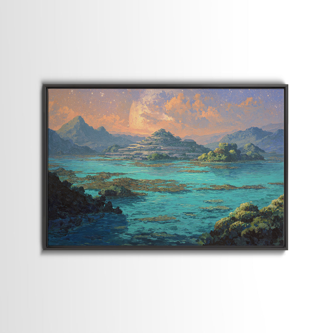 Turquoise Island Temple Landscape, Dreamy African Inspired Wall Art, Canvas Print, Nature Scene Art, Bohemian Home Decor Gift