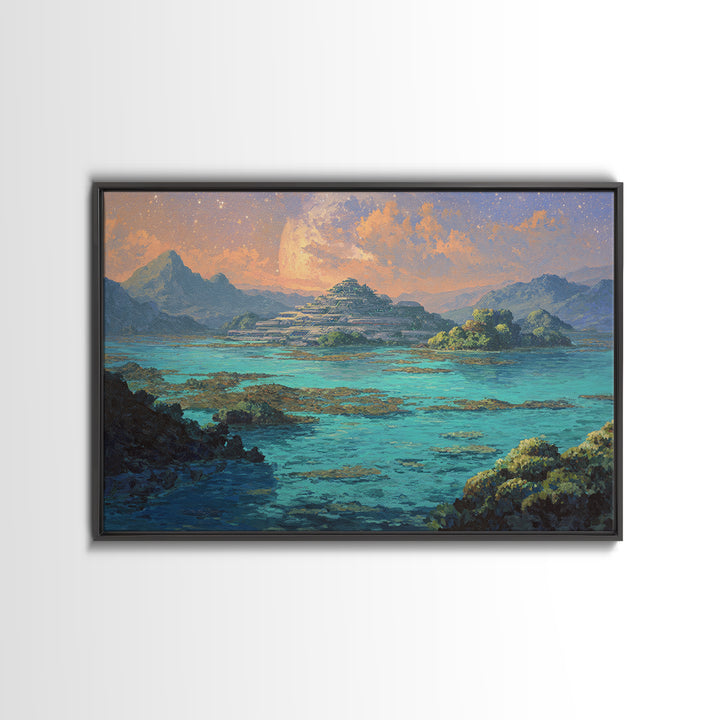 Turquoise Island Temple Landscape, Dreamy African Inspired Wall Art, Canvas Print, Nature Scene Art, Bohemian Home Decor Gift