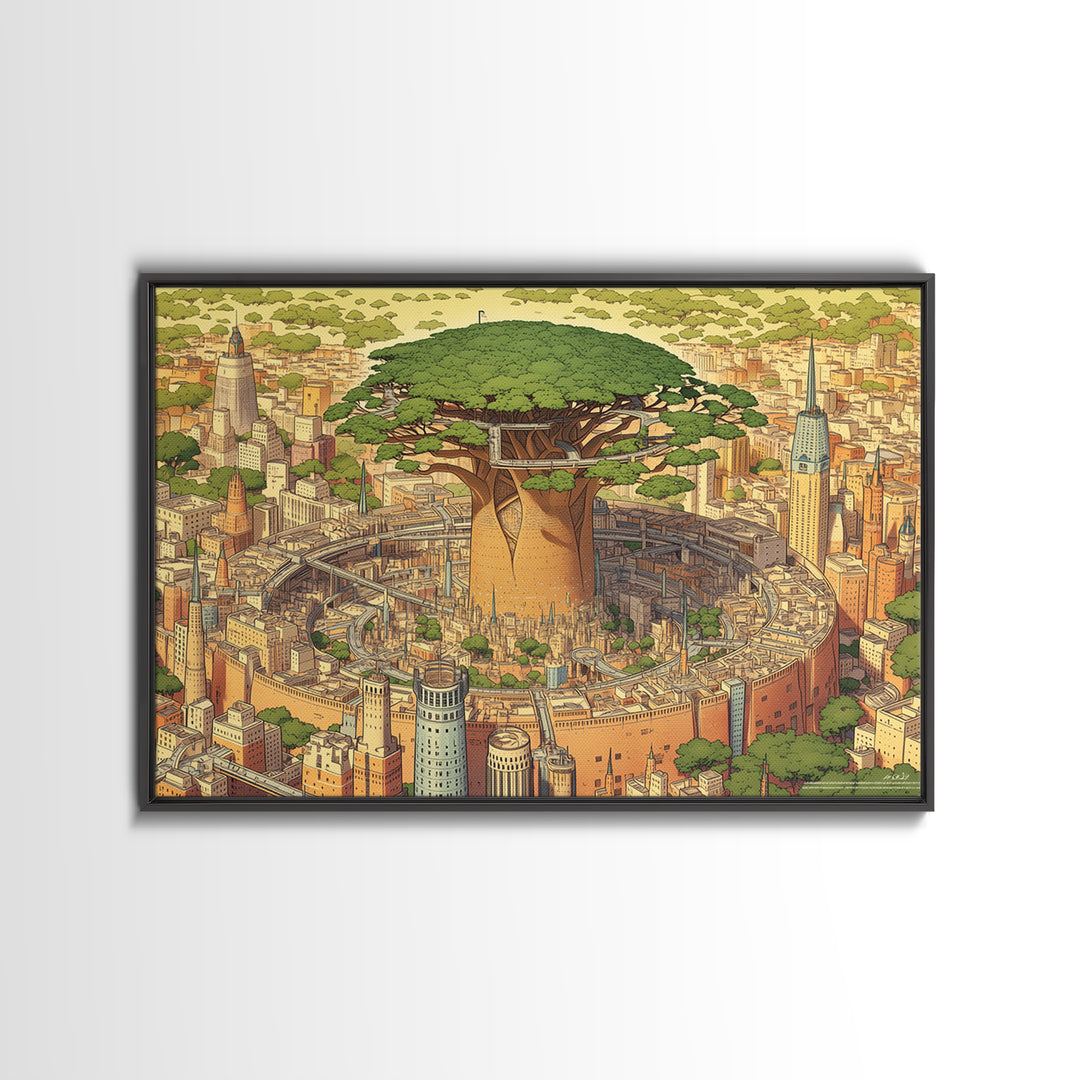 Illustrated Baobab Megacity, African Tree Wall Art, Framed Canvas Print, Afrofuturism Decor, Statement Cultural Home Decor Gift