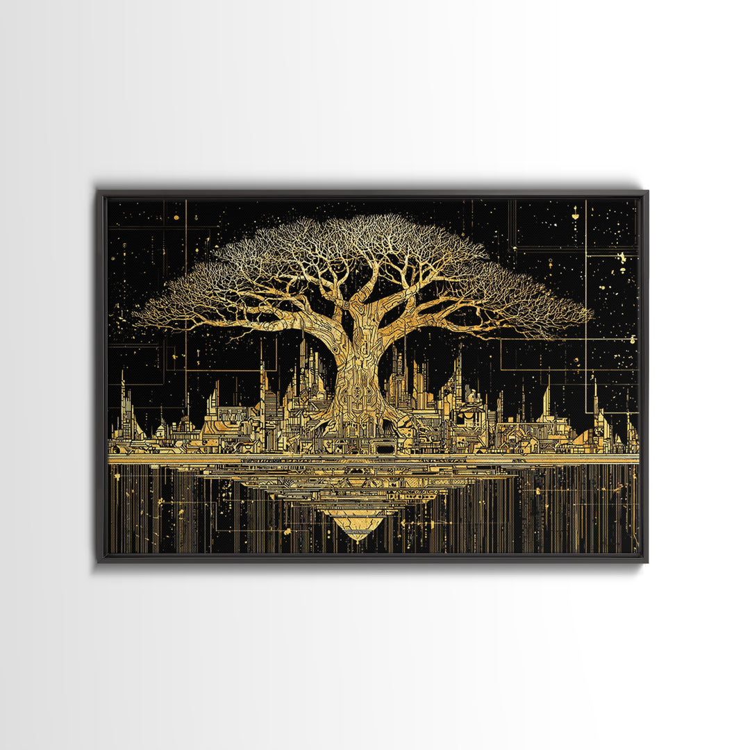 Gold Baobab Futuristic Skyline On Black, African Wall Art, Canvas Print, Black And Gold Art, Luxury Canvas Art Statement Home Decor