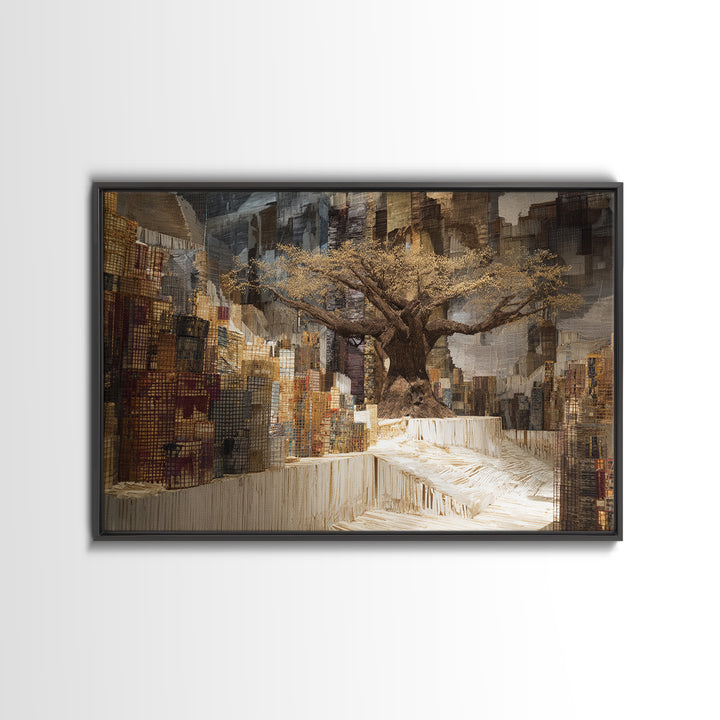 Golden Baobab In Abstract Cityscape Wall Art, African Landscape, Modern African Art, Earth Tone Living Room Decor Canvas