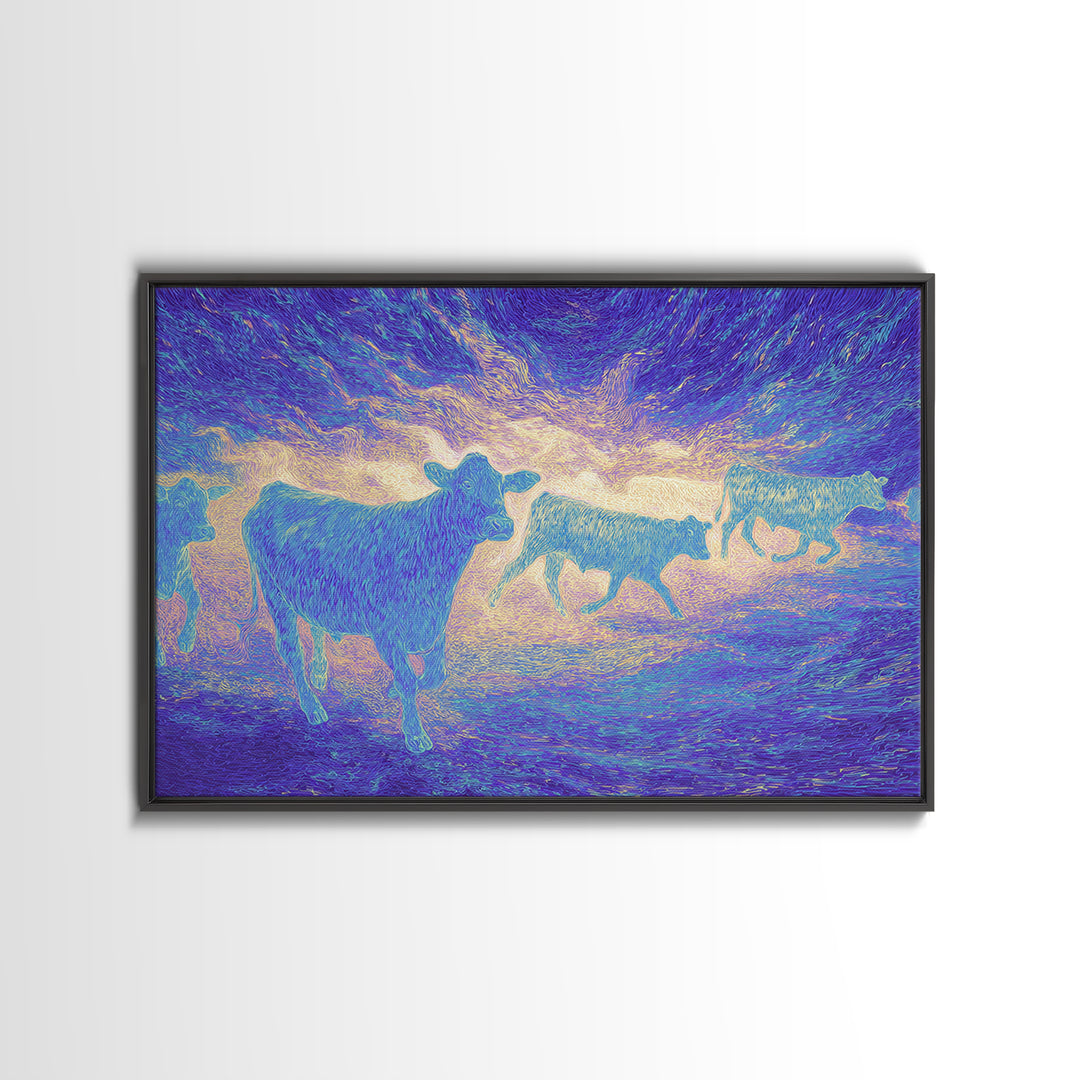 Neon Pastel Cows At Sunset Canvas Print, African Animal Art, Safari Art, Colorful Wall Decor, Farm Animal Living Room Art