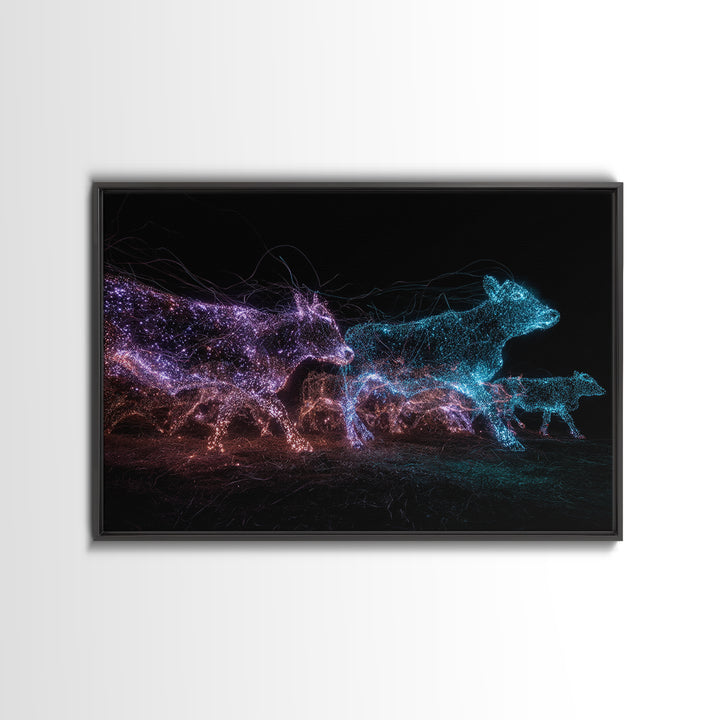 Glowing Digital Cattle Herd Wall Art, African Animal Art, Modern Abstract Black Art, Neon Safari Decor, Unique Canvas Print