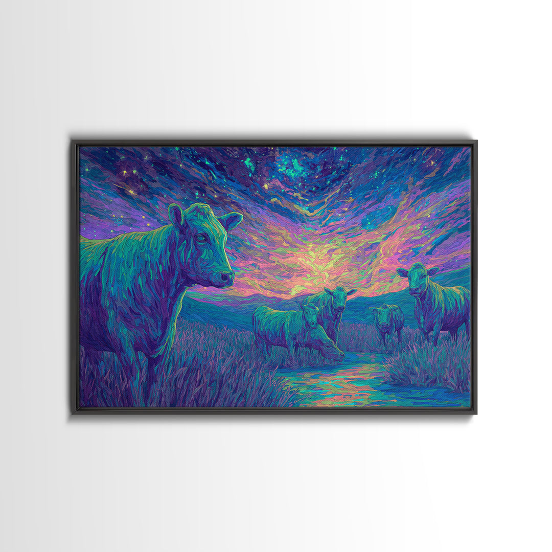 Violet Twilight Cows By Creek Wall Art, African Animal Art, Colorful Safari Art, Dreamy Wall Decor, Nature Scene Canvas Print