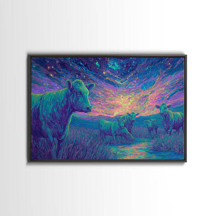 Violet Twilight Cows By Creek Wall Art, African Animal Art, Colorful Safari Art, Dreamy Wall Decor, Nature Scene Canvas Print