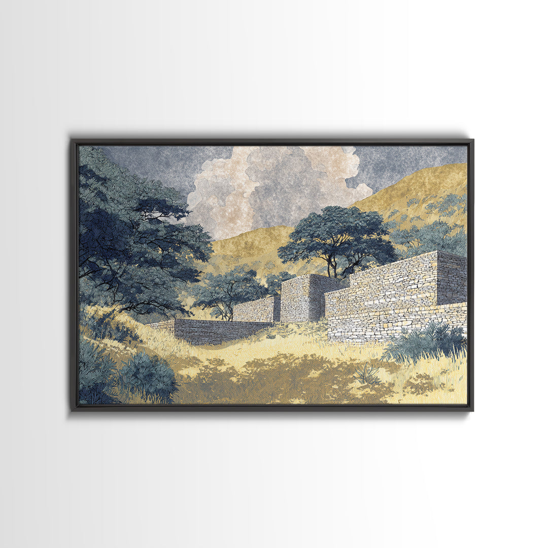 Sunlit Stone Walls In African Hills Framed Canvas Print, Serengeti Landscape Art, Earth Tone Safari Decor Gift, Living Room Wall Decor