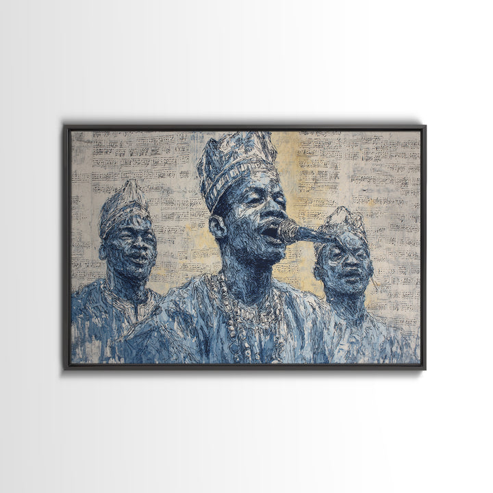 Blue Ink African Musicians Singing In Traditional Hats Wall Art, Cultural Portrait Art Print, Black History Home Decor Gift