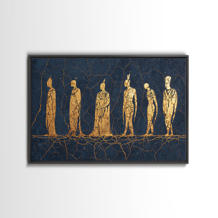Golden Tribal Figures On Cracked Blue Wall Art, Ancient African Art Print, Ethnic Sculpture Decor, Cultural Home Decor Gift