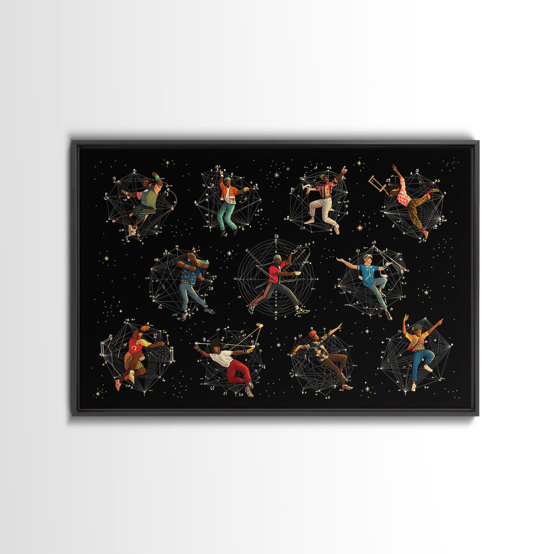 Cosmic African Dancers With Geometric Stars Wall Art, Afrofuturism Decor, Black Culture Art Print, Modern Canvas Art Gift