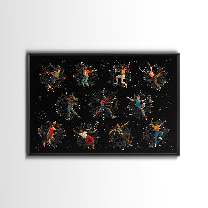 Cosmic African Dancers With Geometric Stars Wall Art, Afrofuturism Decor, Black Culture Art Print, Modern Canvas Art Gift