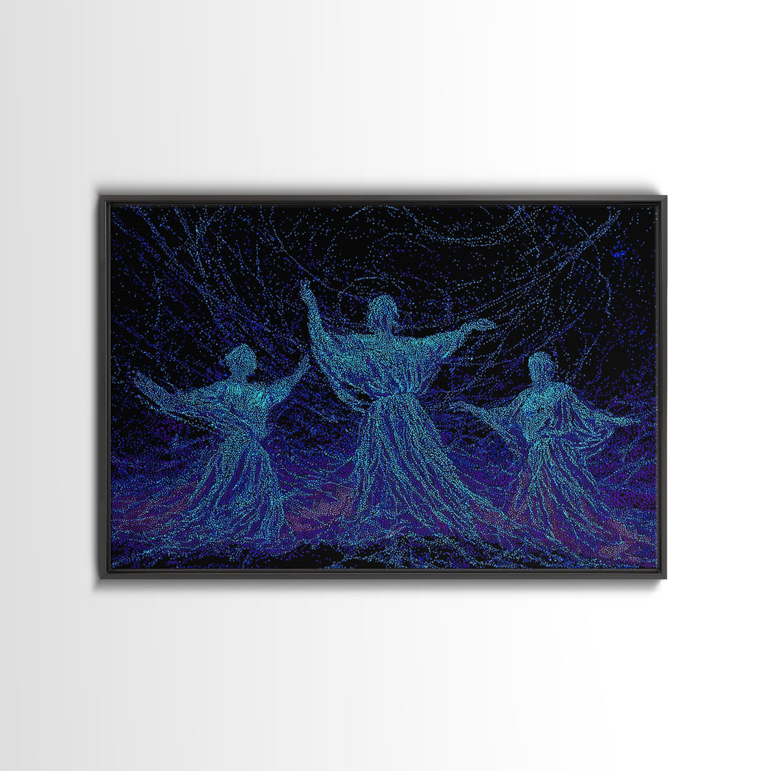 Glowing Blue African Dancers In Starry Motion Wall Art, Afrocentric Decor, Spiritual Feminine Canvas, Modern Black Art Prints
