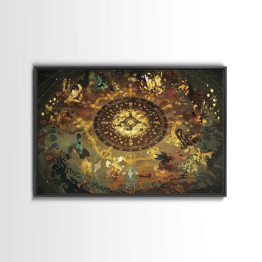 Golden Zodiac Circle And Mystical Animals Wall Art, Spiritual Decor, Astrology Inspired Canvas Print, Boho Home Decor, Gift