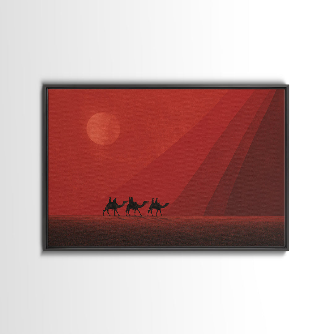 Red Desert Camel Caravan At Sunset Canvas Print, African Safari Art, Morocco Travel Poster, Earth Tone Wall Decor Gift For Him