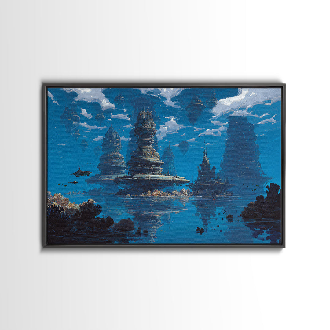 Blue Underwater Fantasy Cityscape Wall Art, Modern Canvas Print, Dreamy Ocean Decor, Unique Large Living Room Art, Home Decor Gift