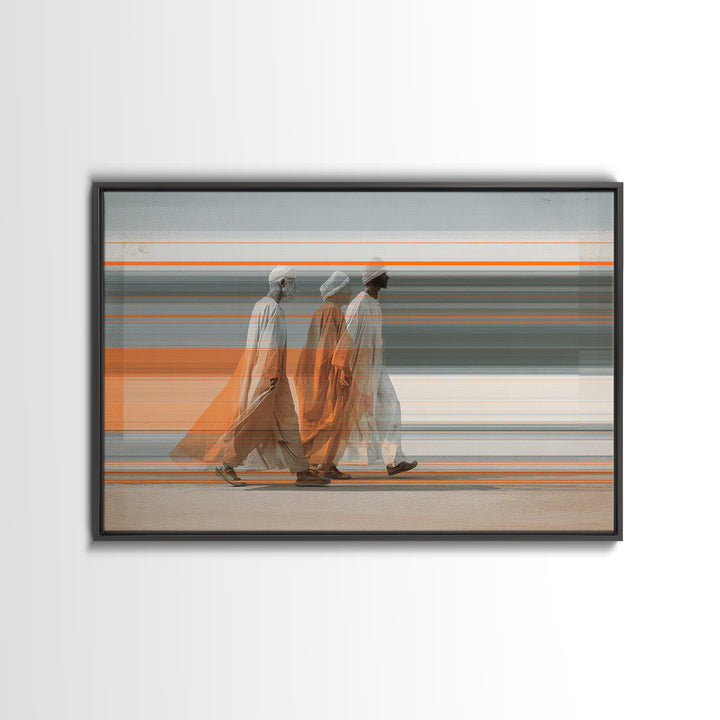 Three Robed Travelers In Motion Wall Art, African Inspired Modern Canvas, Cultural Home Decor, Statement Living Room Print