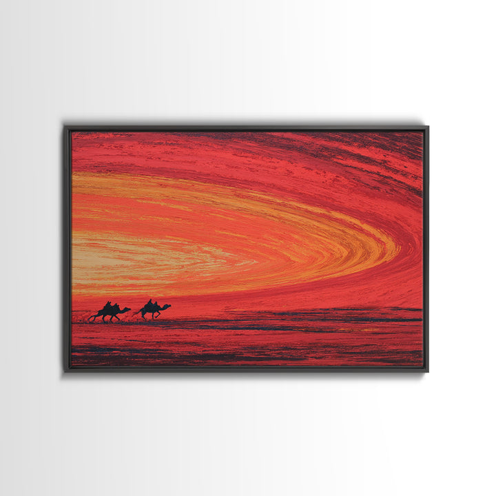Camels Crossing Fiery Desert Sunset Canvas Print, African Safari Art, Burnt Orange Decor, Travel Poster, Statement Wall Decor
