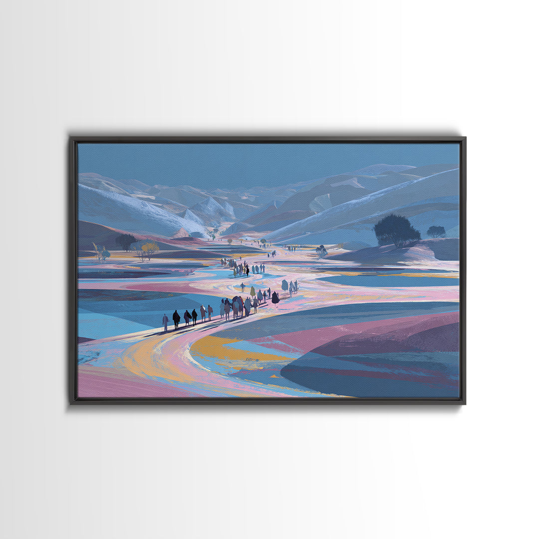 Pastel Mountain Valley Caravan Wall Art, African Landscape Inspired Travel Print, Blue Pink Nature Scene Art, Large Decor